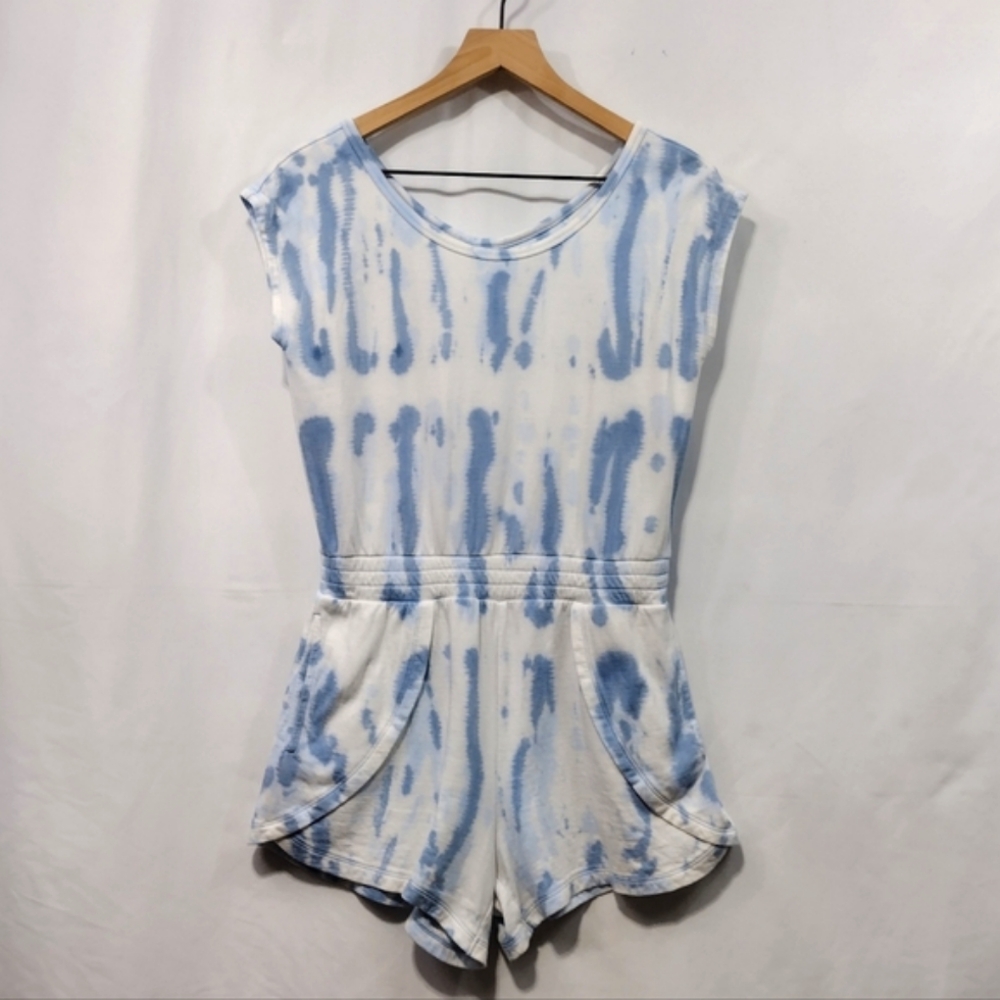 Athleta Girl Retreat Yourself Romper Girls L White Blue Tie Dye Athlesure Sporty - Picture 2 of 12